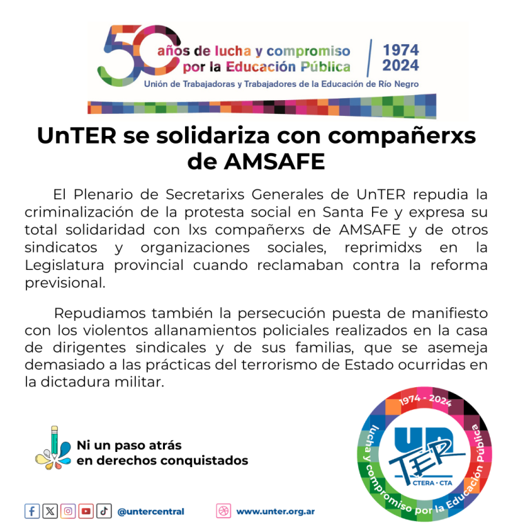 Lee más sobre el artículo Solidaridad de UnTER con compañerxs de AMSAFE