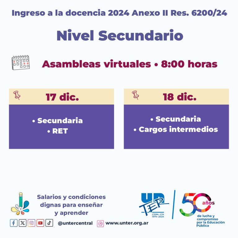 Lee más sobre el artículo Nuevas fechas de las asambleas virtuales para el Concurso de ingreso a la docencia y de ascenso de cargos intermedios de Nivel Secundario