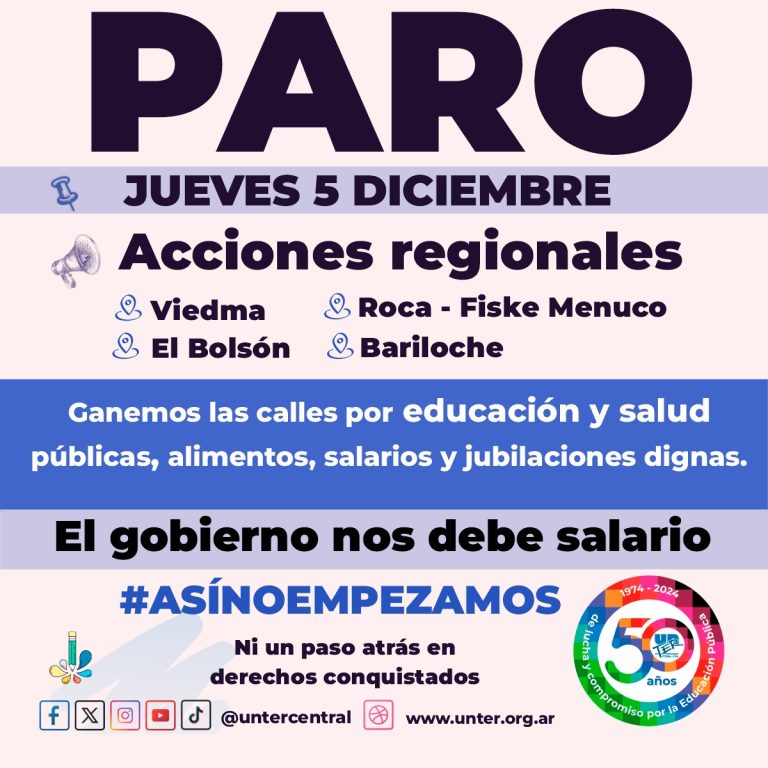 Lee más sobre el artículo Paro el 5/12 con acciones regionales en Viedma, Roca-Fiske Menuco, Bariloche y El Bolsón