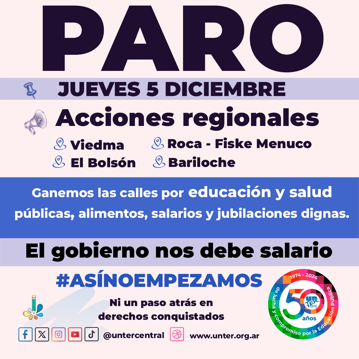 En este momento estás viendo Paro el 5/12 con acciones regionales en Viedma, Roca-Fiske Menuco, Bariloche y El Bolsón